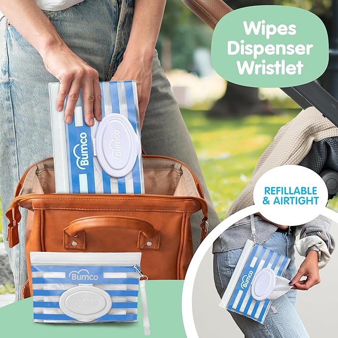 BUMCO Airtight Wipes Dispenser, Keeps Wet, Reusable Refillable Pouch, Diaper Bag Organizer for Travel, Carrying Clutch, Unique Baby Gift for Girl Boy [Blue]