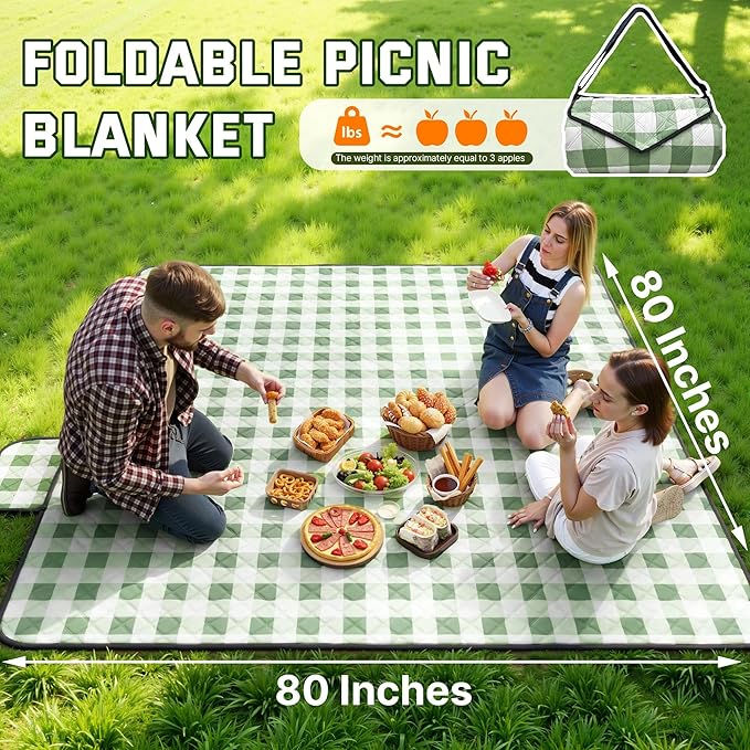 TigeJoy Extra Large Picnic Blanket Waterproof Foldable 80''x80'', Outdoor Picnic Mat Beach Blanket Sandproof for Park, Grass, Travel, Hiking, Camping Essentials, Gingham Picnic Blanket