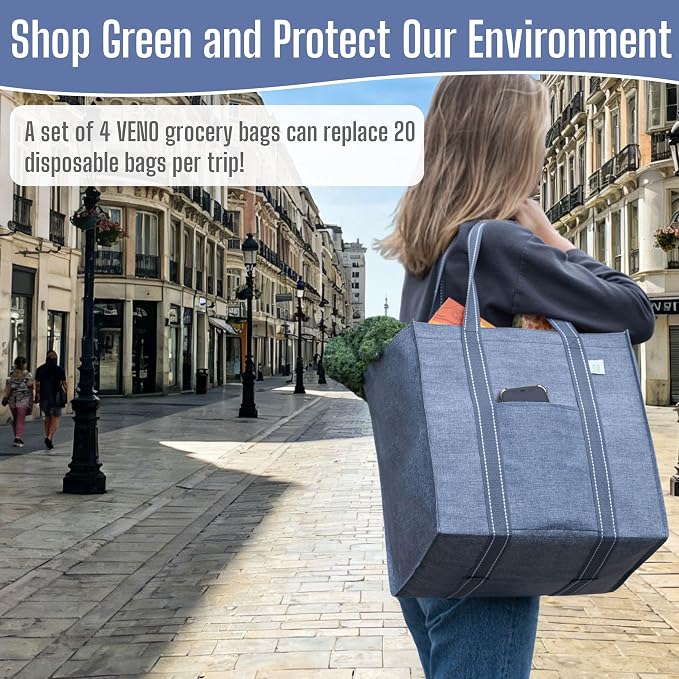VENO 4 Pack Reusable Grocery Bags, Heavy-Duty Shopping Bags with Handles, Bags for Shopping Cart with Hard Bottom to Stand Upright, Foldable, Multi-Purpose(Gray, 4 Pack)