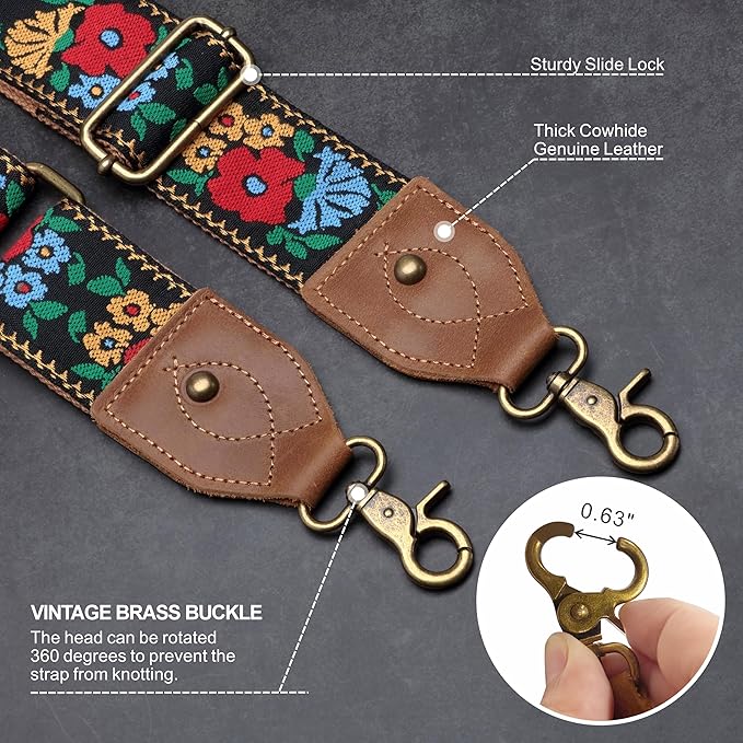 Nefelibata Purse Strap-2"Crazy Horse Leather Bag Strap Adjustable Replacement,Retro Jacquard Embroidery Crossbody Straps