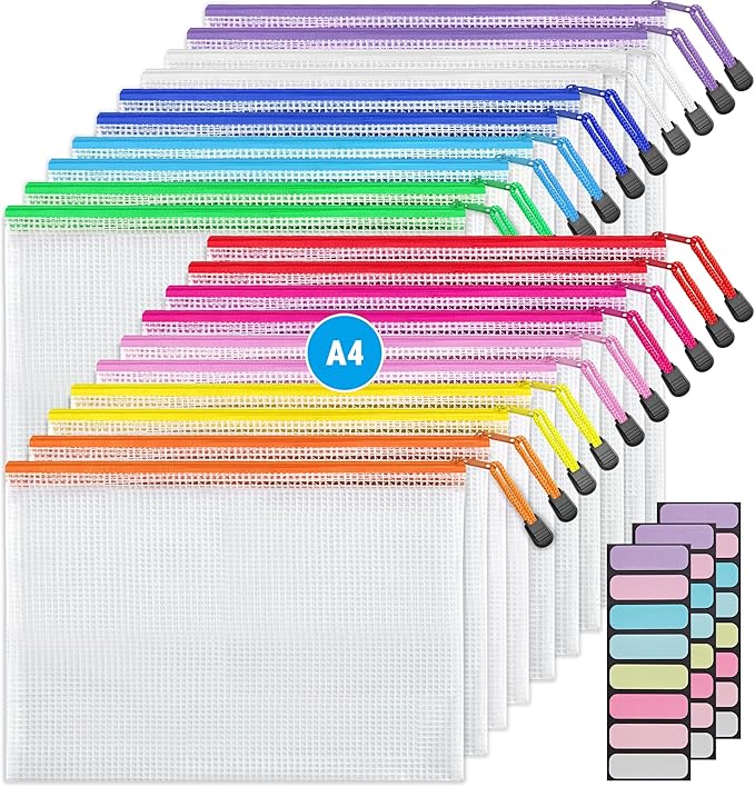 JARLINK 20 Pack 10 Colors Zipper Mesh Document Pouch, Letter Size/A4 Size, Plastic Water-Resistant File Bags, for School Office Supplies Cosmetics Travel Storage, Assorted Color