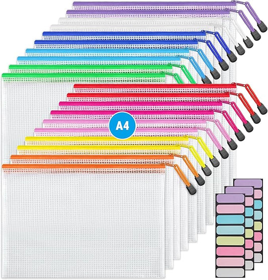 JARLINK 20 Pack 10 Colors Zipper Mesh Document Pouch, Letter Size/A4 Size, Plastic Water-Resistant File Bags, for School Office Supplies Cosmetics Travel Storage, Assorted Color