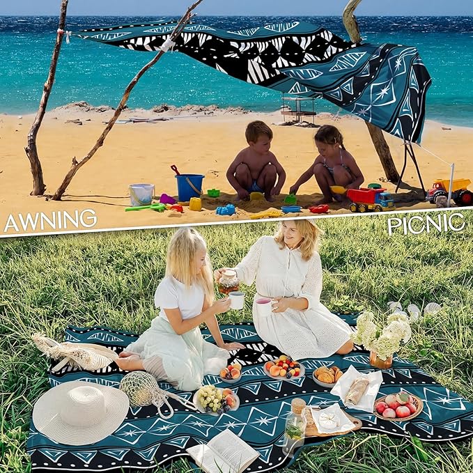 BYDOLL Beach Blanket Waterproof Sandproof Large Sand Free,78''X81''/10'X9' Oversized Sandless Lightweight Blanket Picnic Mat for Beach Travel Camping Hiking with Stakes