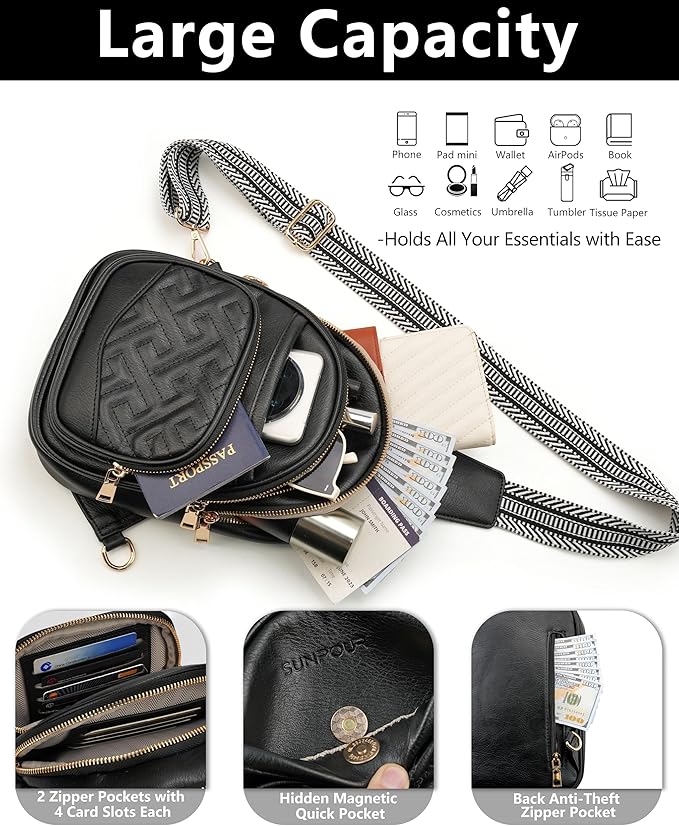 Anti Theft Crossbody Bags for Women, RFID Vegan Leather Sling Purse for Travel, Chest Bag, Cross Body Purses & Fanny Packs(Black)