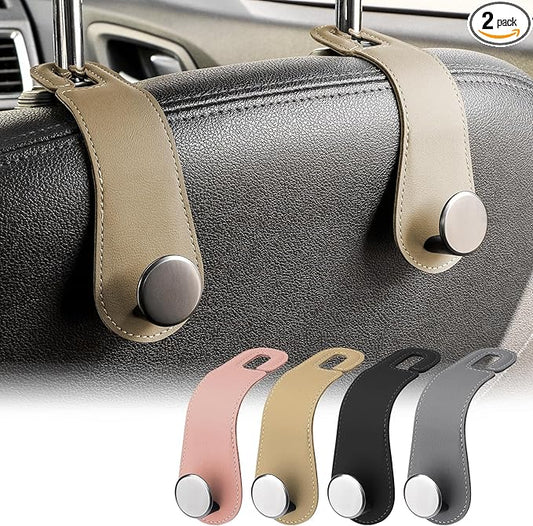 JESTOP Car Headrest Hooks, 2 Pack Leather Car Seat Storage Hanger for Purses Bags, Stylish Car Seat Organizer Hooks for Handbag Coat Umbrellas, Car Inside Accessories, Apricot