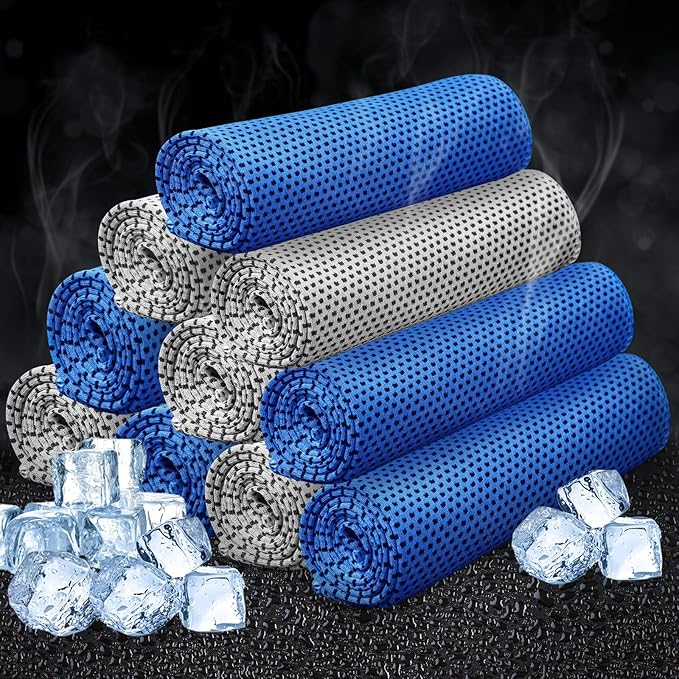 Honoson 10 Pcs Cooling Towel Bulk - Neck & Face Cool Chilly Towels Microfiber Breathable Sport Sweat Rag for Gym, Yoga, Travel, Camping, Running, Outdoor (Grey,Blue)