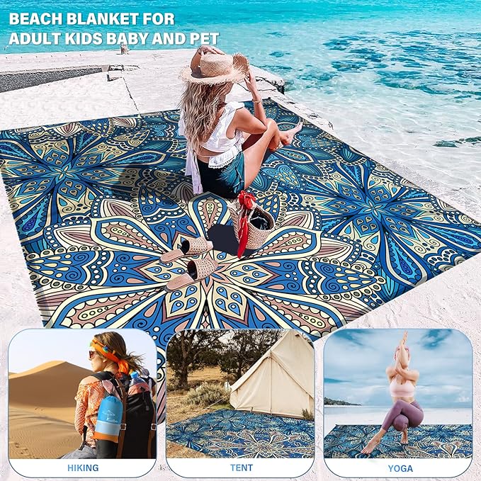 Famstar Beach Blanket Oversized Extra Large 78"X81"/10'X9',Waterproof Sandproof Beach Blanket 2-8 Adults Lightweight Durable for Travel Camping Hiking Picnic