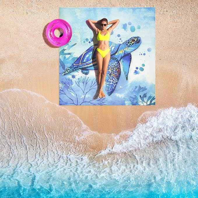HIHOHO Beach Blanket Waterproof Sandproof Beach Mat 79”x 108” for 1-8 Adults Quick Drying Durable Outdoor Picnic Mat for Beach Festival Travel Camping Hiking (Seaturtle-Medium, 79"×108"(6 Person))