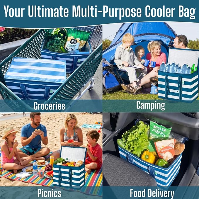 VENO 2 Pack Insulated Cooler Bag, Reusable Grocery Shopping Bag for Food Delivery, Heavy Duty, Large Size, Durable Handles, Double Zippers, Lid, Collapsible (Classic Navy Stripe, 2 Pack)