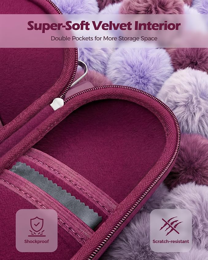 ProCase Double Sunglasses Case, Hard EVA Shell Shockproof Dual Eyeglass Case for Men Women with Metal Hook and Velvet Lining, Travel Zipper Glasses Holder Organizer for Couple Gifts -Raspberry