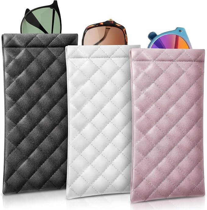 3 Pcs Soft Glasses Case for Women and Men, PU Leather Portable Slim Sunglasses Pouch, Squeeze Top Soft Eyeglasses Protective Holder, Travel Eyeglass Case for Sunglasses and Prescription Glasses