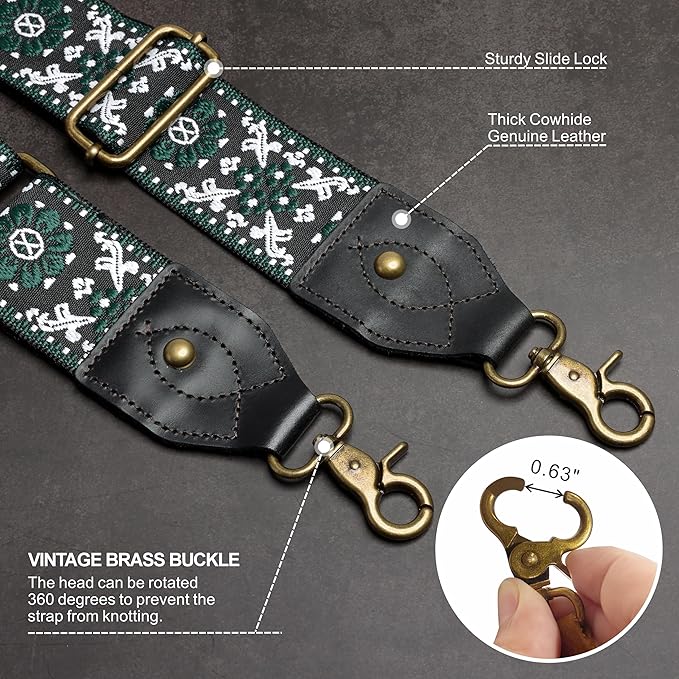 Nefelibata Purse Strap-2"Crazy Horse Leather Bag Strap Adjustable Replacement,Retro Jacquard Embroidery Crossbody Straps