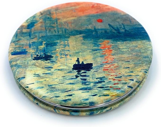 Compact Mirror Magnifying Makeup Mirror Pink Pocket Mirror Vintage Small Gifts for Women Claude Monet Art Prints Sunrise Artistic Makeup Gift, Diameter 2.75 x 0.4 Thickness