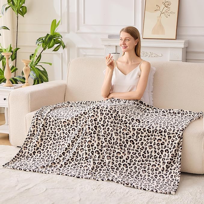 Edenleaf Leopard Print Blanket Fleece Throw for Bed Sofa Travel and Camping, Super Soft Cozy Fluffy Plush Cheetah Print Blanket for All Seasons 60"x80" (Cream)