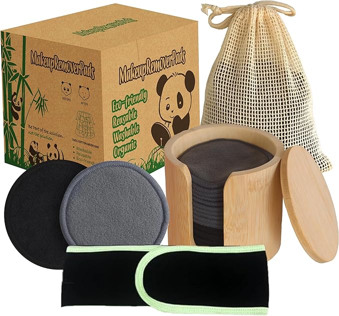 Reusable Cotton Rounds, 100% Natural Bamboo Cotton Pads for Face|Reusable Makeup Remover Pads with Laundry Bag,Headband and Cotton Round Holder (Black and Gray)