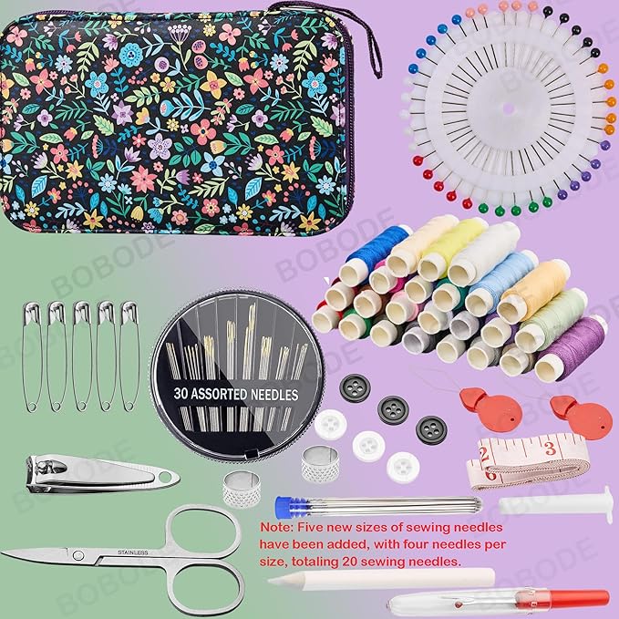 Bobode 130PCS Travel Hand Sewing Kit with Needle and Thread Set | Printing Floral Pattern Sewing Kit,Professional Basic Sewing Supplies for Adults,Emergency and Home Beginners