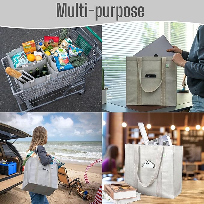 VENO 4 Pack Reusable Grocery Bags, Heavy-Duty Shopping Bags with Handles, Bags for Shopping Cart with Hard Bottom to Stand Upright, Foldable, Multi-Purpose, Sustainable (Beige, 4 Pack)