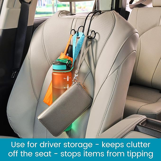 High Road Metal Car Hooks for Purse and Bags - Unbreakable Headrest Car Hooks for Large Purse Straps and Heavy Bags up to 40 lbs - Secure Attachment Loops Fit All Headrest Posts (Triple Hook 2-Pack)
