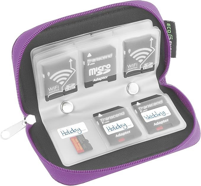 Eco-Fused Memory Card Case - Fits up to 22x SD, SDHC, Micro SD, Mini SD and 4X CF - Holder with 22 Slots (Purple / 22 Slots - 1 Pack)
