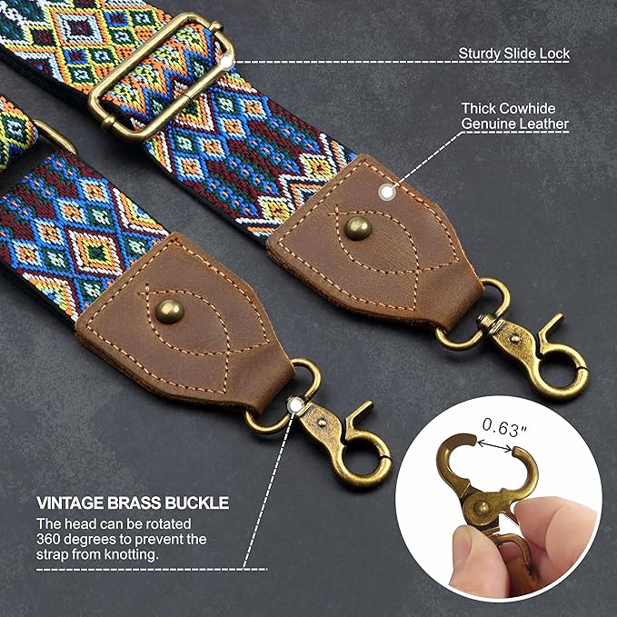 Nefelibata Purse Strap-2"Crazy Horse Leather Bag Strap Adjustable Replacement,Retro Jacquard Embroidery Crossbody Straps