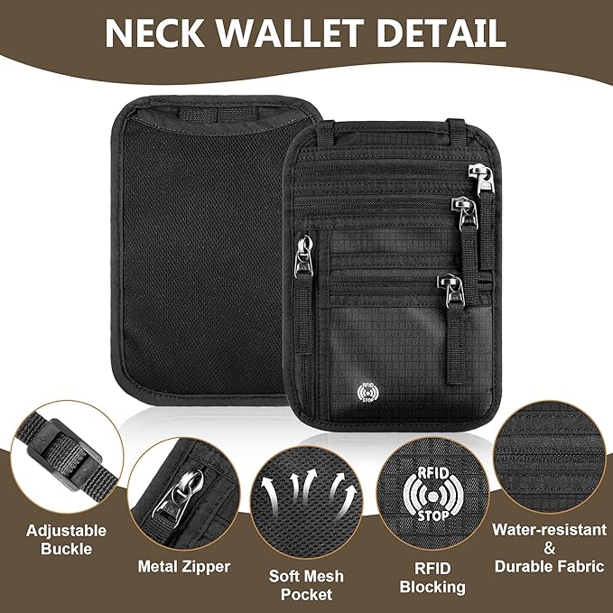 Likesing 5.5" L x 7.8" W Travel Neck Wallet, RFID Blocking Passport Holder for Travel Women Men, Security Lightweight Travel Wallet, Neck Passport Pouch Gifts for Traveling (Dark Grey)