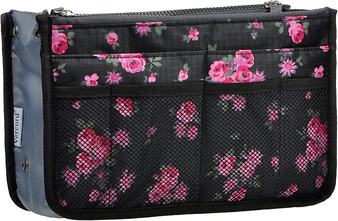 Vercord Purse Organizer Insert for Handbags Bag Organizers Inside Tote Pocketbook Women Nurse Nylon 13 Pockets Black Red Flower Medium