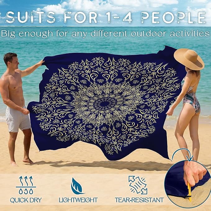 BYDOLL Beach Blanket Waterproof Sandproof Large Sand Free,78''X81''/10'X9' Oversized Sandless Lightweight Blanket Picnic Mat for Beach Travel Camping Hiking with Stakes