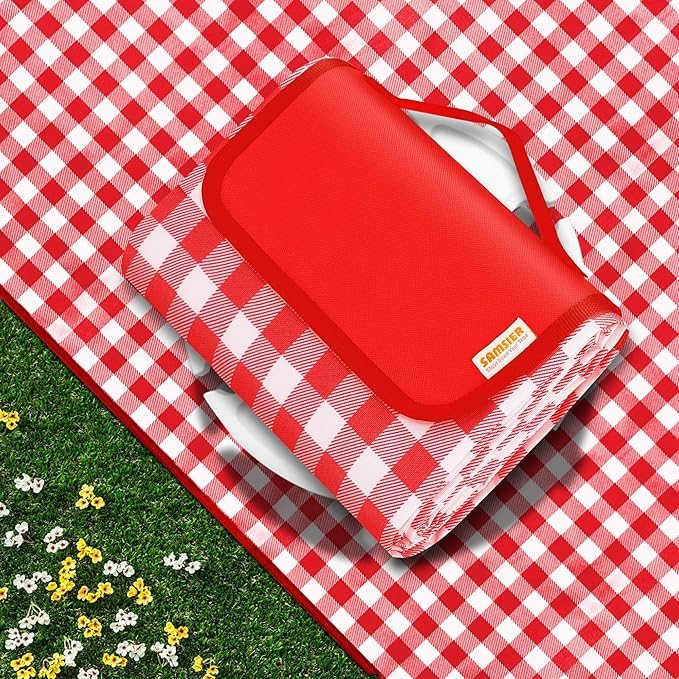 SAMSIER Outdoor Picnic Blankets Waterproof Foldable Sandproof, Extra Large Gingham Cute Picnic Mat Washable Portable for Park Beach Camping Courtyard (Red, 80"×80")