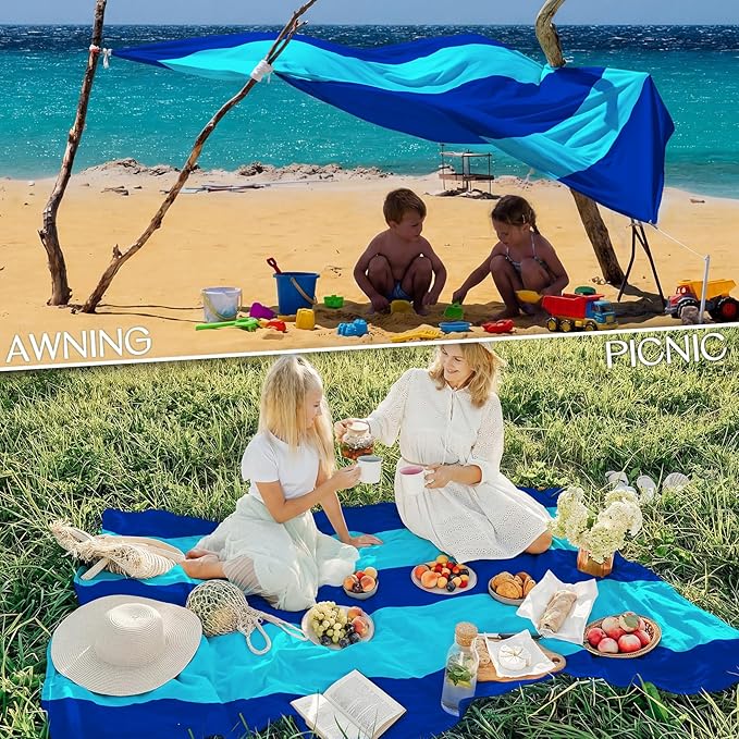 BYDOLL Beach Blanket Waterproof Sandproof Large Sand Free,78''X81''/10'X9' Oversized Sandless Lightweight Blanket Picnic Mat for Beach Travel Camping Hiking with Stakes