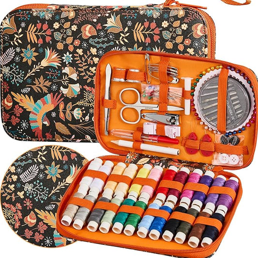 130 PCS Printing Sewing Kit with Sewing Supplies Accessory,Boho Pattern Sewing Set with Zipper Sewing Case, Professional PU Sewing Kit for Adults, Travel,Emergency, Home