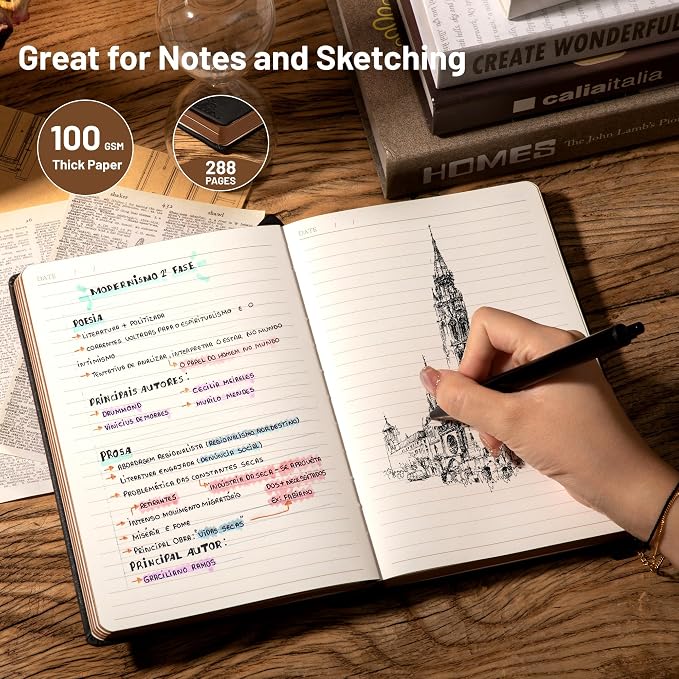 CAGIE Compass Leather Notebook Journal for Men, 100 GSM 288 Pages Lined Journals for Writing, A5 Hardcover Journaling Notebooks Gift Set with Pen for Travel Office Daily Writing