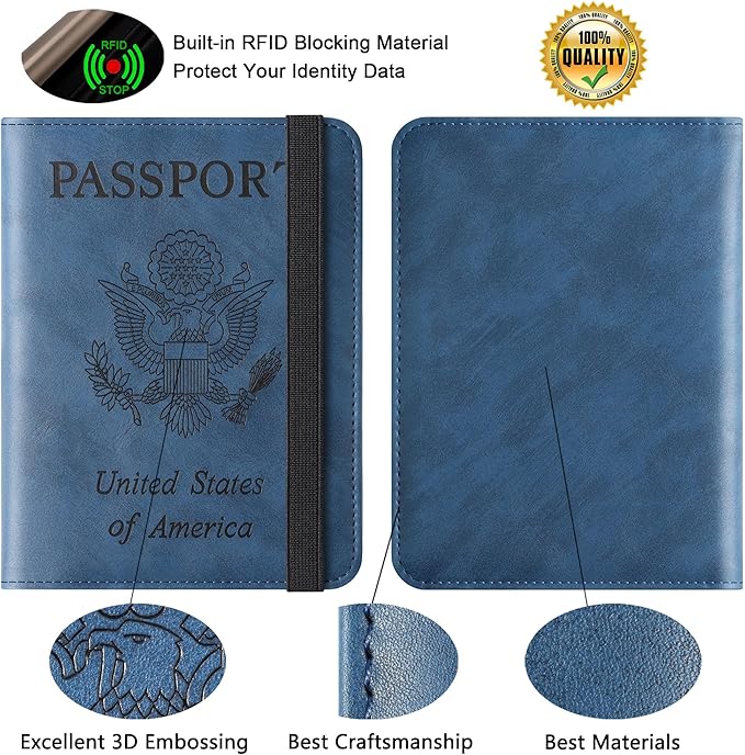 Airtag Passport Holder for Travel Essentials Wallet Rfid Blocking Cover Leather Case Vacation Travel Accessories for Women Men (601#Blue)