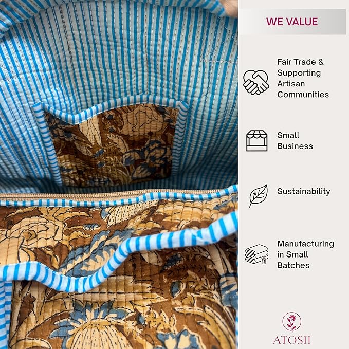 ATOSII Women Handblock Print Quilted 100% Cotton Floral Large Shoulder Tote Bag with Pocket, Zipper for Work, Beach & Travel