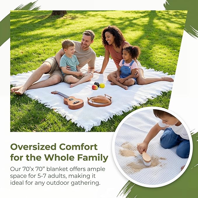 70"x 70" Picnic Blanket Extra Large,Layer Outdoor Blanket for 5 to 7 Adults,Camping Grass Lawn Park Accessories Cute Couple Gifts Ideas Wedding Registry for Park, Beach (White)