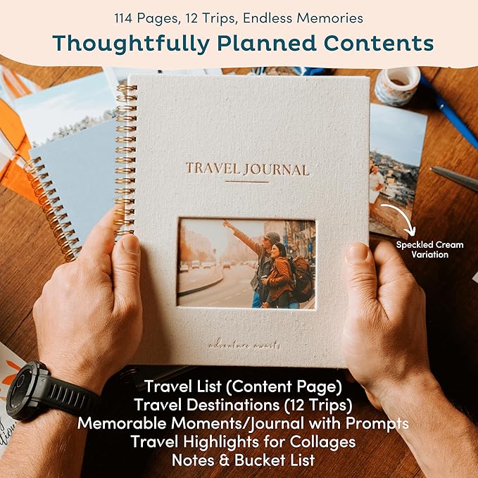 Nook Theory Personalized Travel Journal for Women, Men - Linen Travelers Notebook, Adventure Book with Prompts, Perfect for Travel Gifts (Ocean)