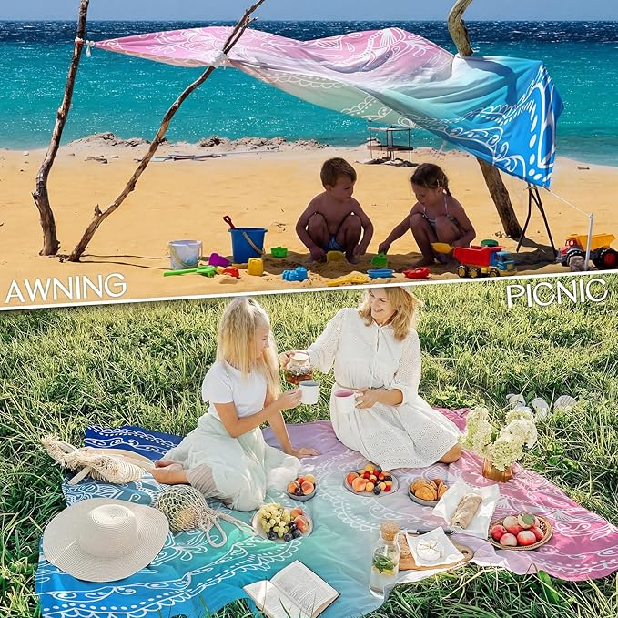 BYDOLL Beach Blanket Waterproof Sandproof Large Sand Free,78''X81''/10'X9' Oversized Sandless Lightweight Blanket Picnic Mat for Beach Travel Camping Hiking with Stakes