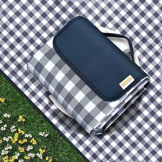 SAMSIER Outdoor Picnic Blankets Waterproof Foldable Sandproof, Large Gingham Cute Picnic Mat Washable Portable for Park Beach Camping Courtyard (Navy Blue, 60"×80")