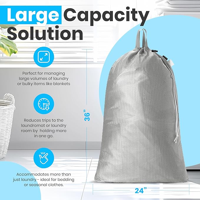 Handy Laundry Mesh Laundry Bags 24 x 36 Inches, 2-Pack - Extra Large Heavy Duty Bag with Handles & Shoulder Strap, Breathable, Machine Washable for Dorm, Travel, Bedding & Storage - Grey