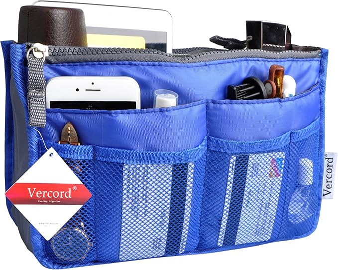 Vercord Purse Organizer Insert for Handbags Bag Organizers Inside Tote Pocketbook Women Nurse Nylon 13 Pockets Sapphire Blue Medium