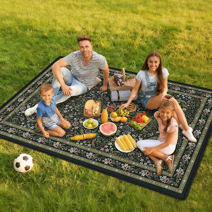 Vintage Picnic Blankets Waterproof Foldable, 80″X80″ Extra Large Picnic Mat Floral Outdoor Blanket for Grass, Packable Beach Blanket Sandproof Picnic Accessories for Camping Music Festival Park Lawn