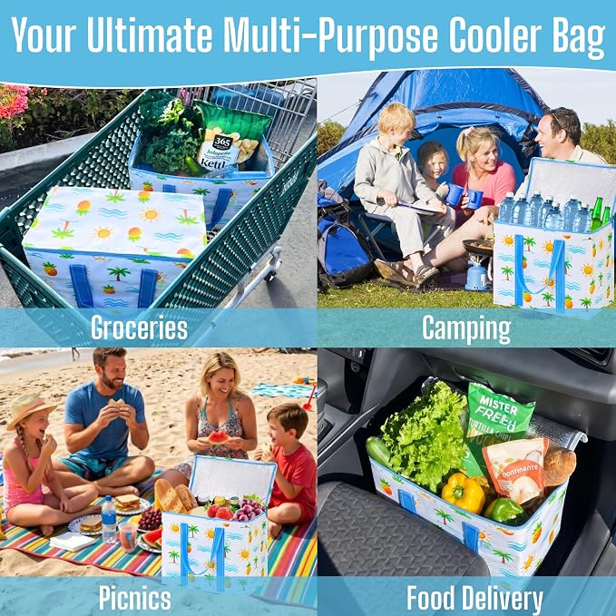 VENO 2 Pack Insulated Cooler Bag, Reusable Grocery Shopping Bag for Food Delivery, Heavy Duty, Large Size, Durable Handles, Double Zippers, Lid, Collapsible (Tropical Island, 2 Pack)