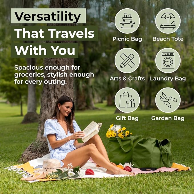 VeraMia Canvas Grocery Bag 3pc XL Set with Real Pockets, Long Shoulder Strap and Short Handle. Heavy Duty, Foldable, Washable