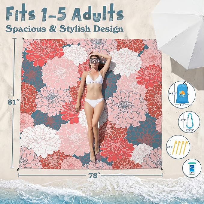 Aroveea Beach Blanket Waterproof Sandproof 1-7 Adult Oversized 78''X81''/10'X9' Lightweight Durable Compact Sand Free Beach Mat for Travel Camping Hiking Picnic Blanket