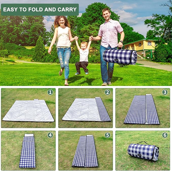 ZUBOND 80''x100'' Extra Large Picnic Beach Blankets Waterproof Sandproof Foldable, Machine Washable Simple Stylish Gingham Outdoor Blankets Grass Lawn Park for Family Camping Party