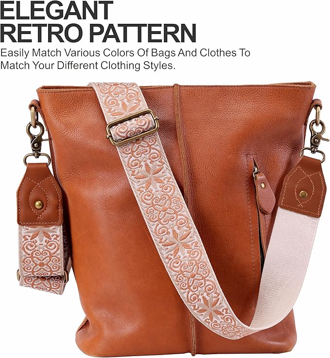 Nefelibata Purse Strap-2"Crazy Horse Leather Bag Strap Adjustable Replacement,Retro Jacquard Embroidery Crossbody Straps