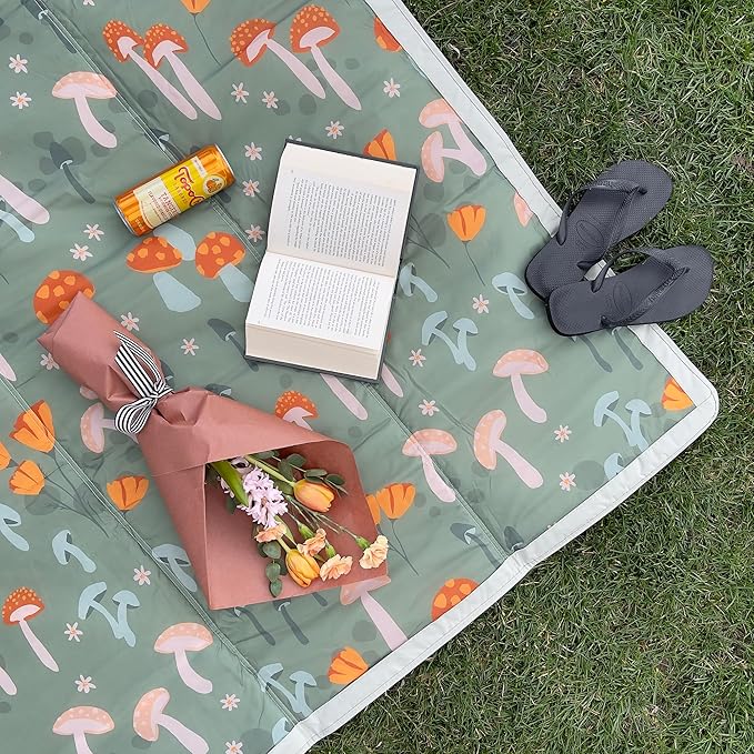 Little Unicorn 5'x7' Outdoor Family Picnic & Beach Blanket | Durable & Water-Resistant Fabric | Compact Fold & Easily Wipes Clean | Zipper Pocket (Woodland Mushroom)