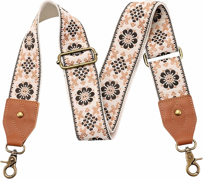 Nefelibata Purse Strap-2"Crazy Horse Leather Bag Strap Adjustable Replacement,Retro Jacquard Embroidery Crossbody Straps