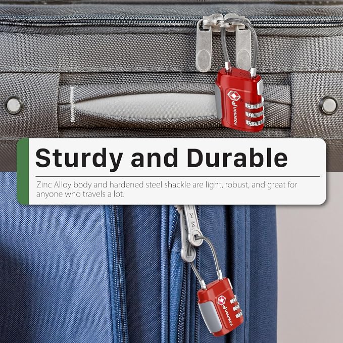 Fosmon TSA Accepted Cable Luggage Locks, (2 Pack) Re-settable Easy to Read 3 Digit Combination with Alloy Body and Release Button for Travel Bag, Suit Case & Luggage - Red