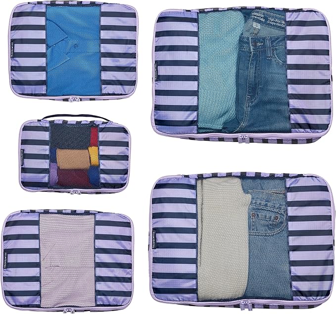 Travel Wise Packing Cubes for Travel - 5 Piece Set with Pattern Design, Lightweight Ripstop Nylon Luggage Organizers with Mesh Panel, Small Medium Large Sizes