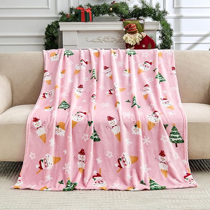 Edenleaf Christmas Blanket Soft Cozy Pink Throws with Snowman Snowflake Santa Claus and Xmas Trees Print, Fuzzy Warm Christmas Throw Blanket for Couch Bed Holiday Decorations Gifts 60"x80" (Pink)